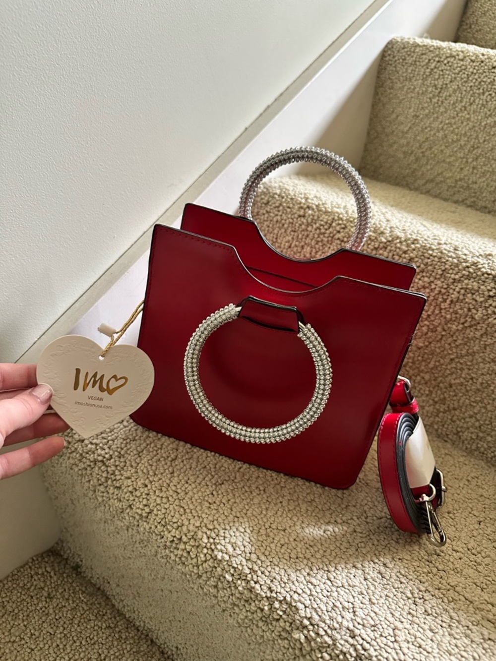 Red Vegan Leather NWT Top-Handle Bag with Crystal Rhinestone Ring Detail